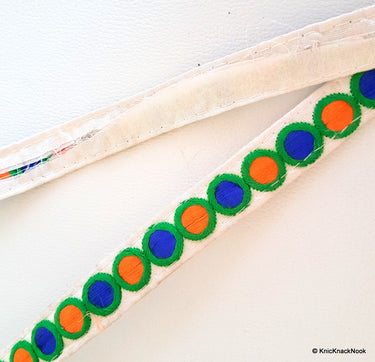 Off White Fabric Trim With Orange, Blue And Green Embroidery, Approx. 20mm Wide